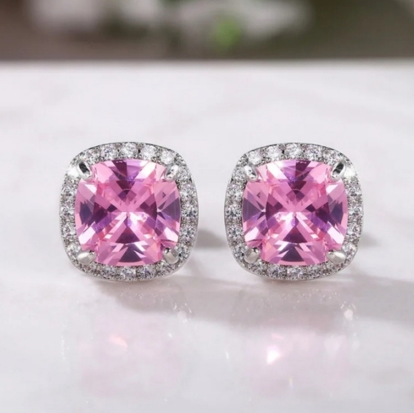 Jewelry - Halo Cushion Cut CZ Elegant Pink and Silver Stud Earrings